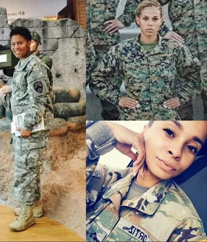 Collage of photos of three sisters who are currently serving in the Marines, the National Guard, and the Army