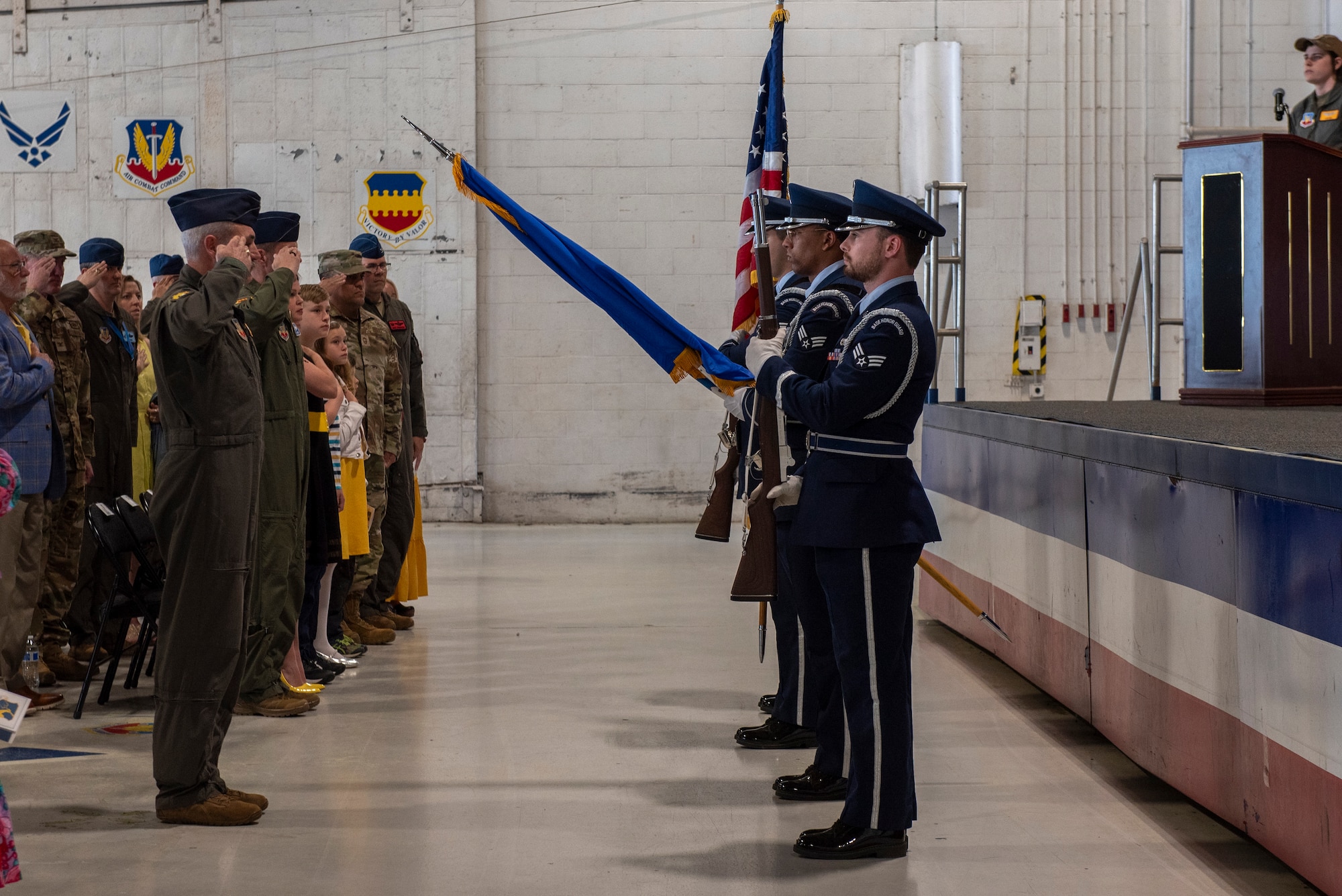 The 20th Fighter Wing Honor Guard presents the colors during the 482nd Attack Squadron change of command ceremony at Shaw Air Force Base, S.C., Mar. 28, 2025.