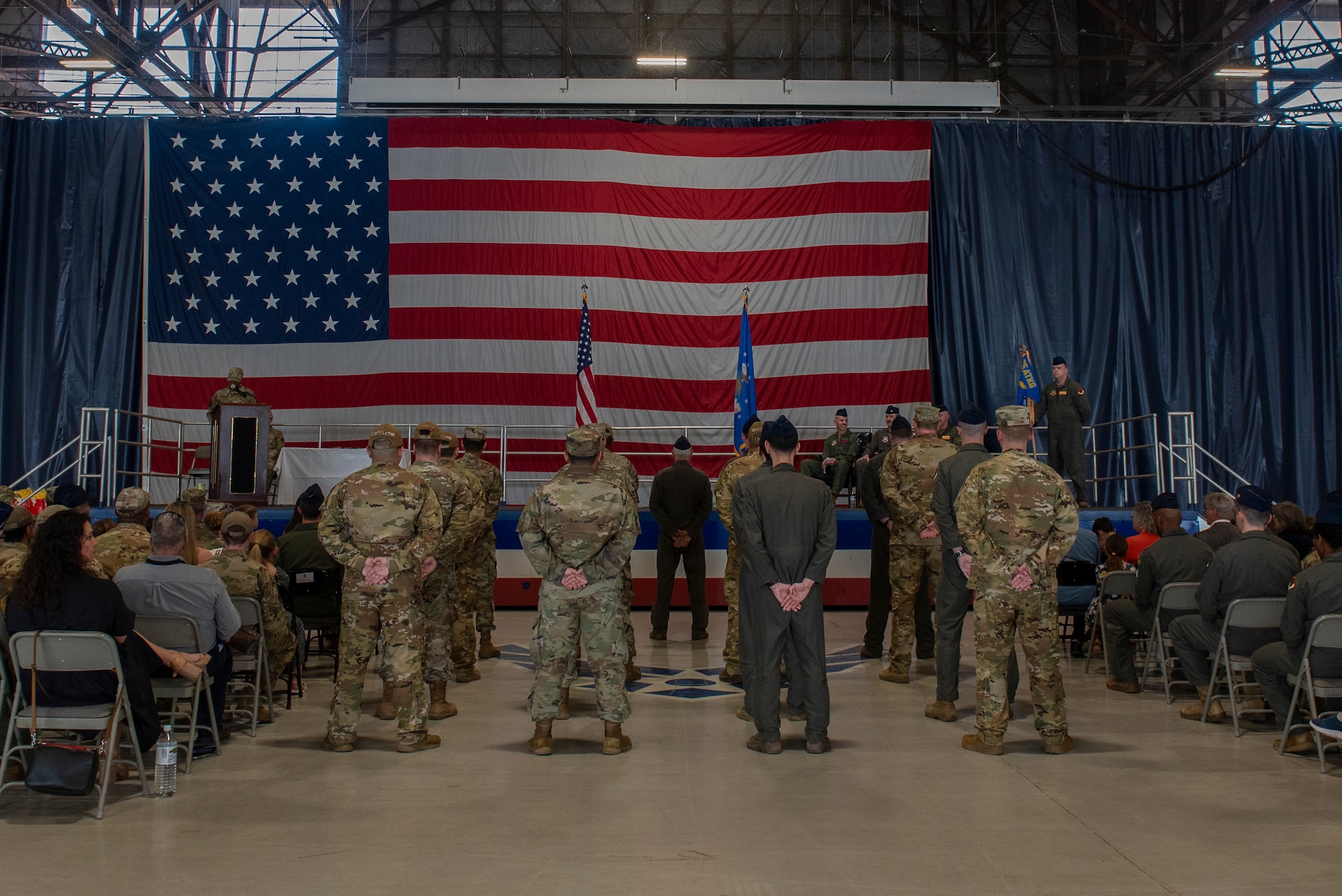 Members assigned to the 482nd Attack Squadron stand in formation during the 482nd ATKS change of command ceremony at Shaw Air Force Base, S.C., Mar. 28, 2025.