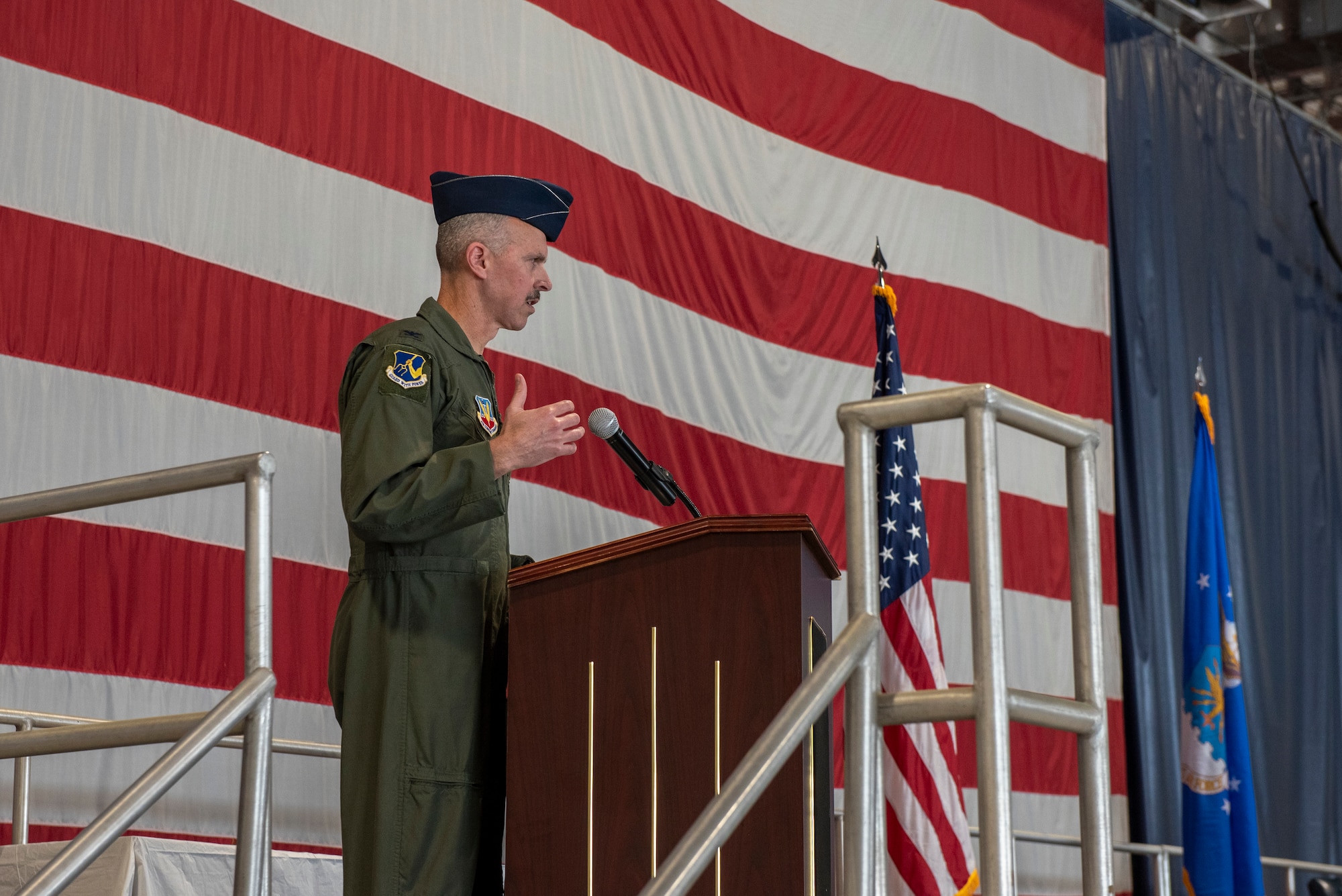 U.S. Air Force Col. Trevor Merrell, 25th Attack Group commander, gives his remarks during the 482nd Attack Squadrons change of command ceremony at Shaw Air Force Base, S.C., Mar. 28, 2025.