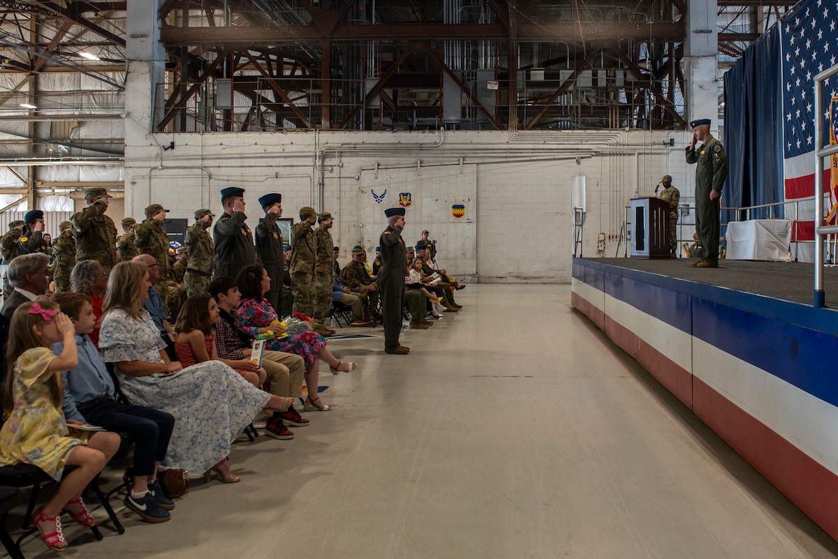 Members assigned to the 482nd Attack Squadron render a first salute to the incoming squadron commander during the 482nd ATKS change of command ceremony at Shaw Air Force Base, S.C., Mar. 28, 2025.