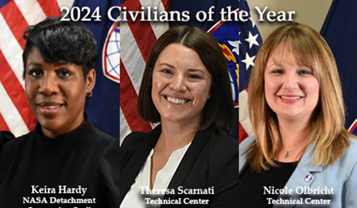 The U.S. Army Space and Missile Defense Command announces its 2024 Civilians of the Year on March 26, 2025: Keira Hardy, an operations support specialist and astronaut liaison located at the Army NASA Detachment in Houston, Texas, in the supporting staff category; Dr. Theresa Scarnati, a mathematician with the Multi-Domain Technologies Division in the Technical Center at Redstone Arsenal, Alabama, in the professional/technical category; and Nicole Olbricht, director for Systems Engineering in the Technical Center at Redstone Arsenal, in the technical/technical management category. (U.S. Army photo)