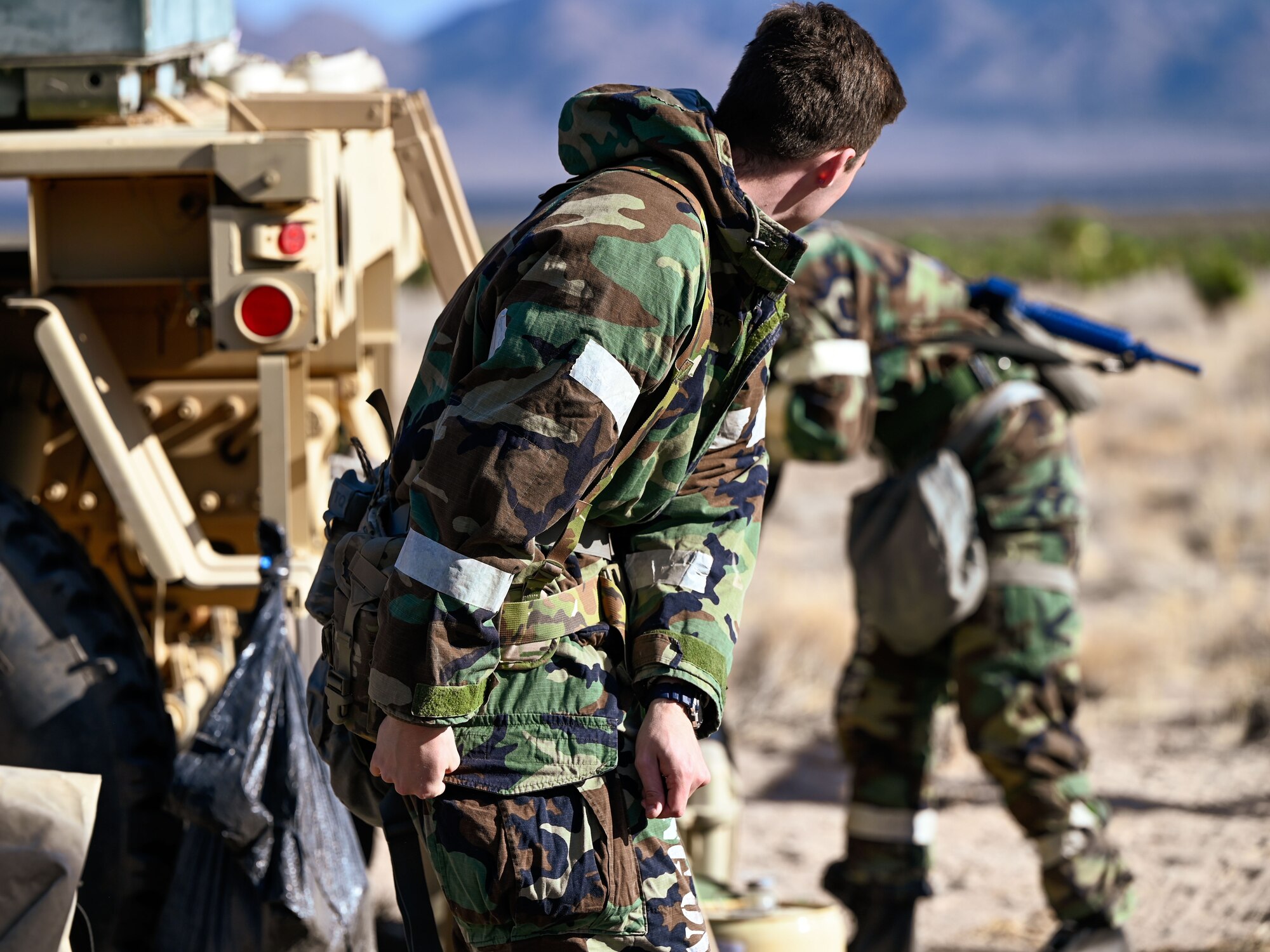 Airmen assigned to the 729th Air Control Squadron prepare for a mock chemical attack scenario during Red Flag 25-2 at the Nevada Test and Training Range, Feb. 4, 2025. The exercise tests Airmen’s ability to operate under chemical, biological, radiological and nuclear conditions.
(U.S. Air Force photo by Garrett N. Cole)