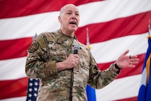 U.S. Air Force Gen. Thomas Bussiere gives a speech during an all-call.