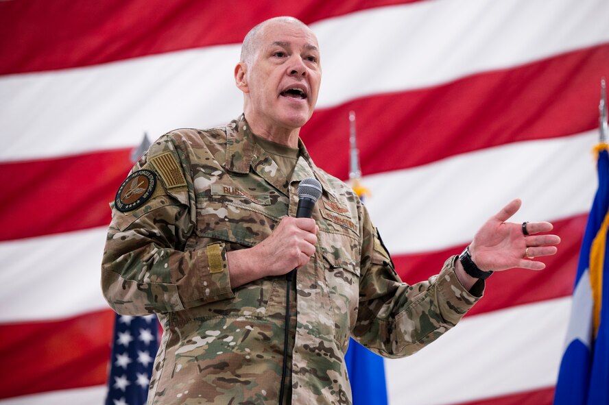 U.S. Air Force Gen. Thomas Bussiere gives a speech during an all-call.