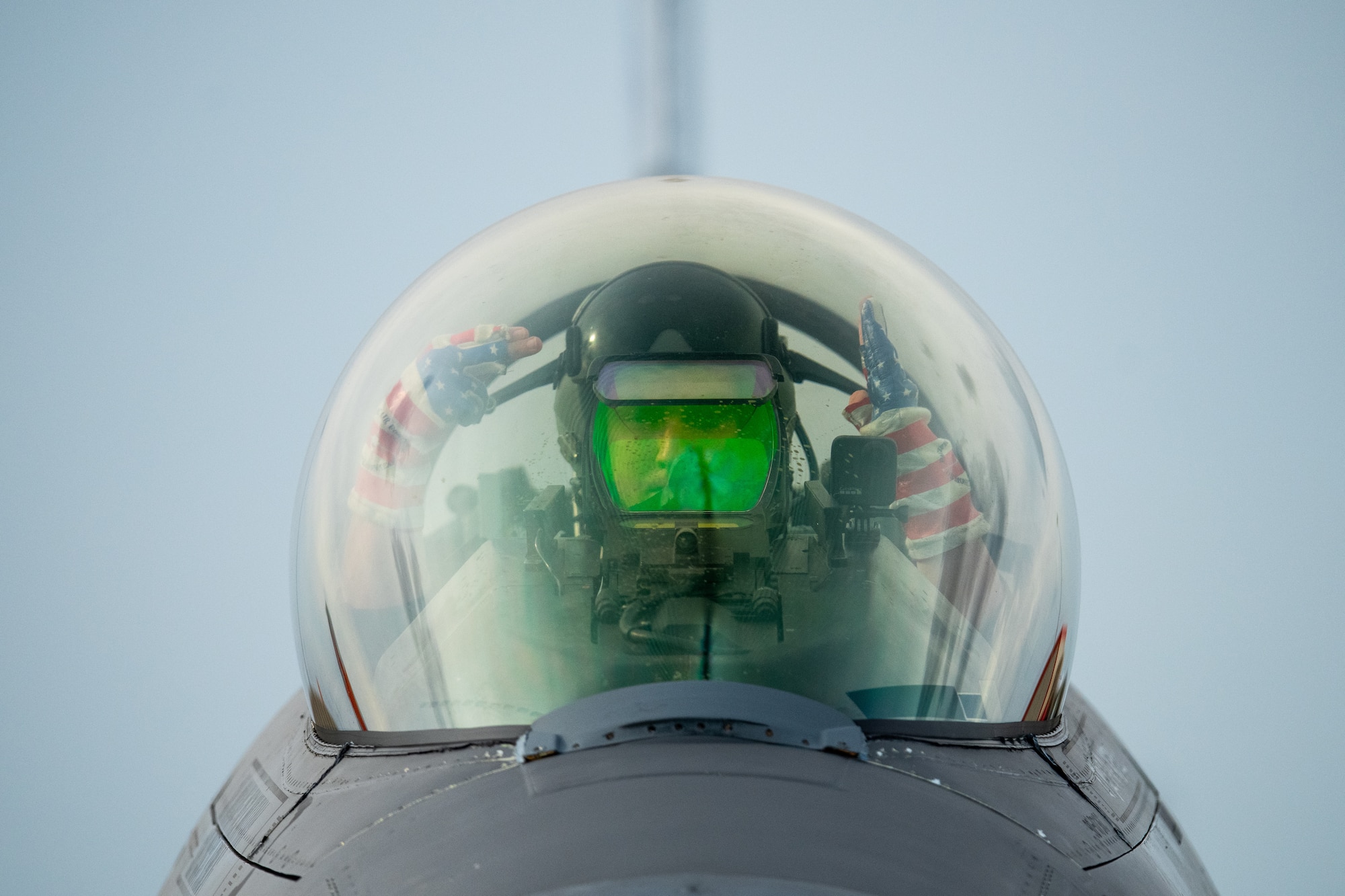 U.S. Air Force Capt. Ethan “Bantam” Smith, Pacific Air Forces F-16 Demonstration Team pilot, signals to his ground crew during ground show performance at the Avalon Australian International Airshow, Australia, March 28, 2025.