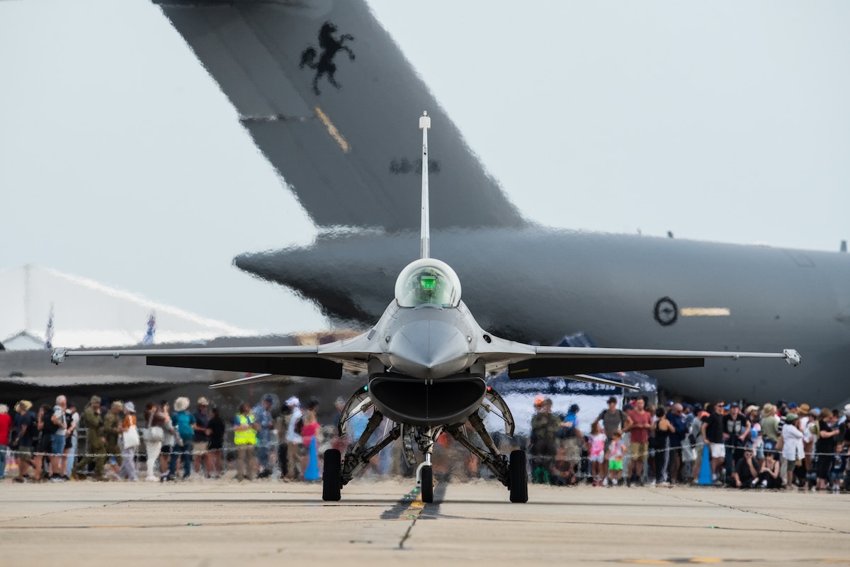 U.S. Air Force Capt. Ethan “Bantam” Smith, Pacific Air Forces F-16 Demonstration Team pilot, conducts a ground show performance for audience members during the Avalon Australian International Airshow at the Avalon Australian International Airshow, Australia, March 28, 2025.
