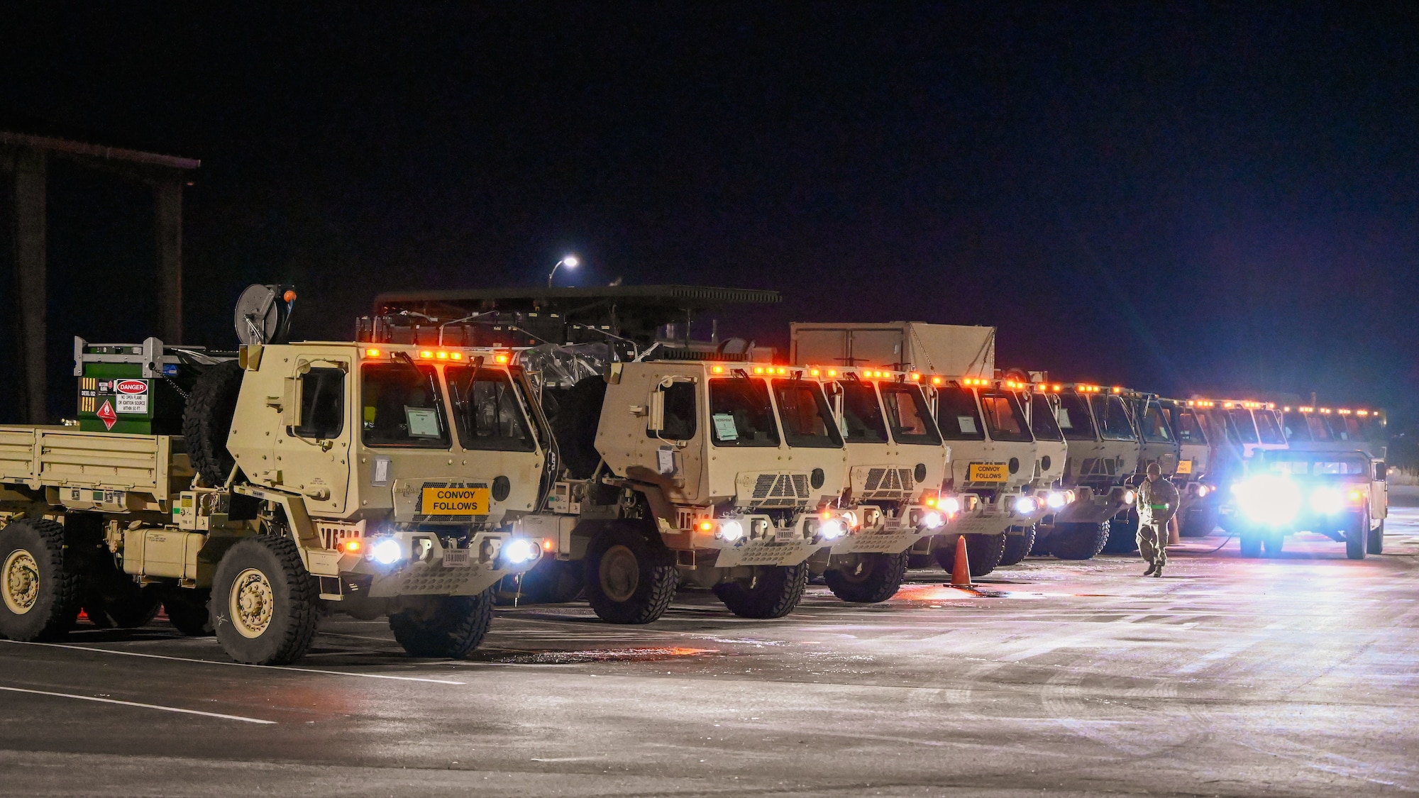 A convoy of radar and support vehicles assigned to the 729th Air Control Squadron lines up for early-morning departure during Exercise Bamboo Eagle at Hill Air Force Base, Utah, Jan. 9, 2025. The large-scale readiness exercise tests rapid deployment and convoy operations in austere conditions.
(U.S. Air Force photo by Garrett N. Cole)