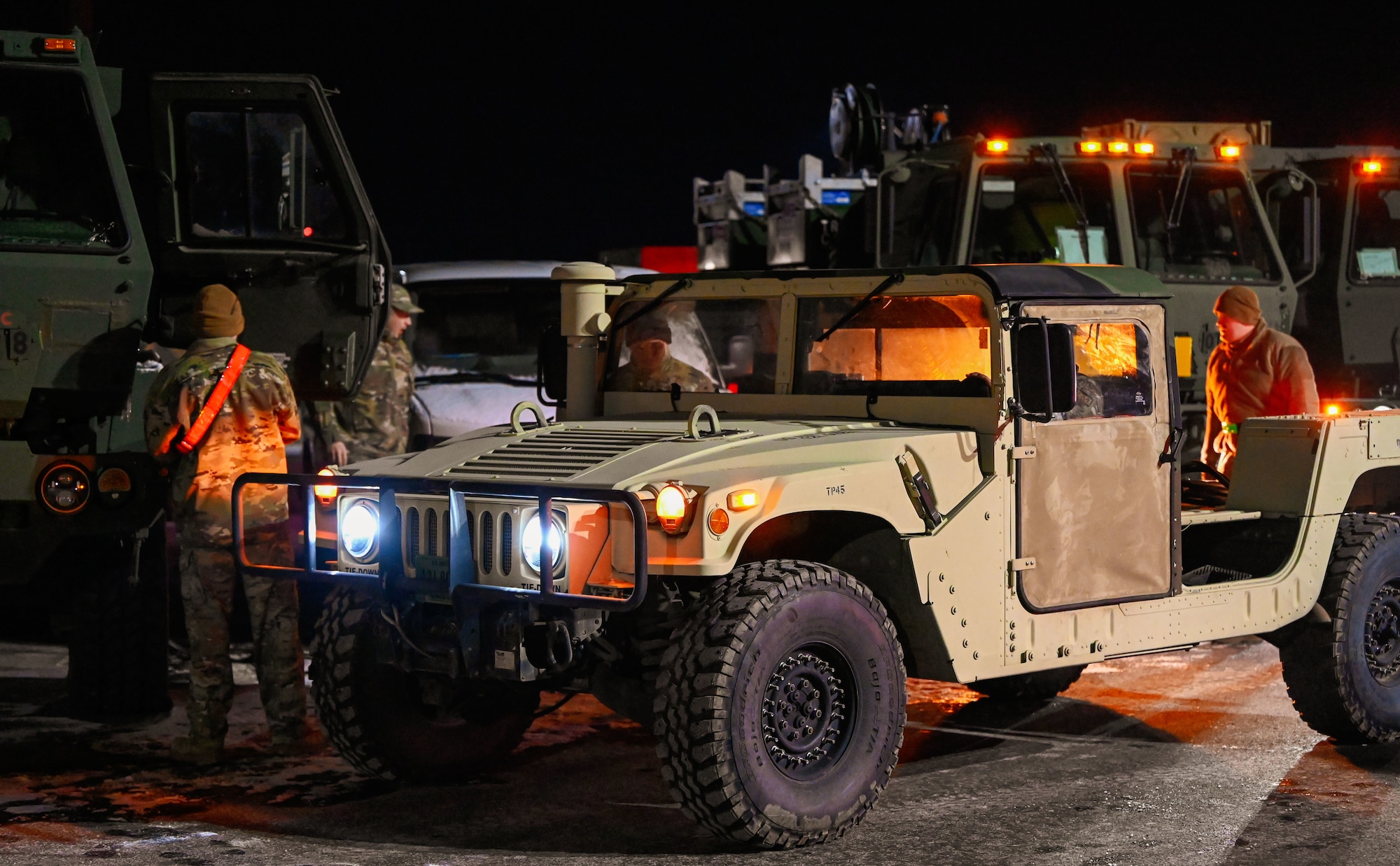 Airmen perform final checks on a Humvee and radar support vehicles before departing for a field exercise during Bamboo Eagle at Hill Air Force Base, Utah, Jan. 9, 2025. Convoy operations were conducted in low-light conditions to simulate combat realism.
(U.S. Air Force photo by Garrett N. Cole)
