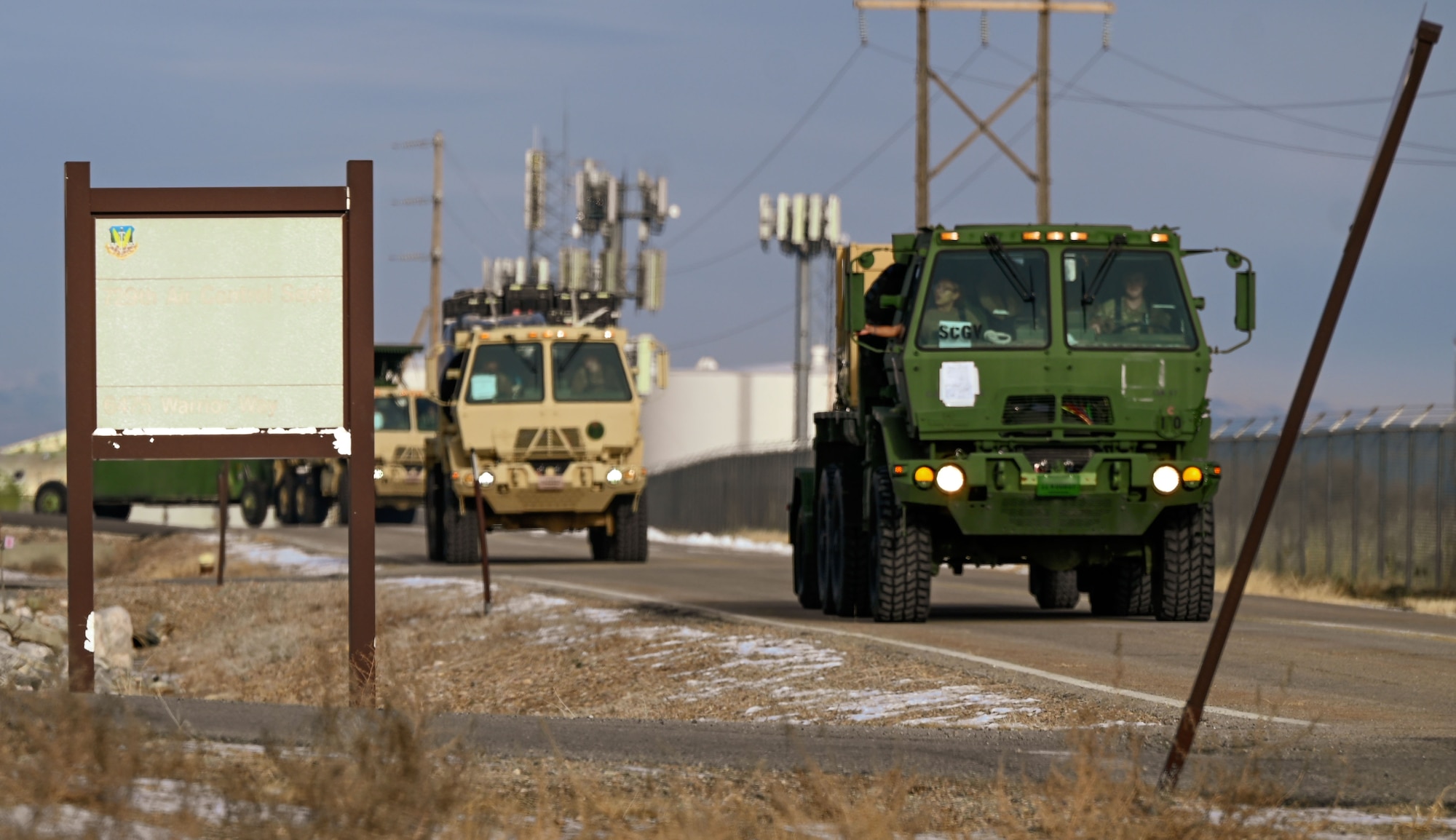 A convoy of radar and communications vehicles departs Hill Air Force Base, Utah, en route to Nellis Air Force Base, Nevada, for Red Flag 25-1. The large-scale exercise provides joint and coalition forces with realistic air combat training in a contested, degraded environment.
(U.S. Air Force photo by Garrett N. Cole)