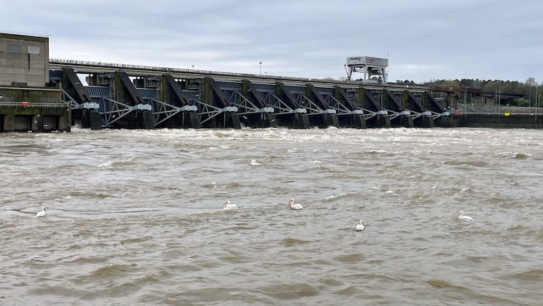 A dam spilling water, looking from near the surface of the river downstream.