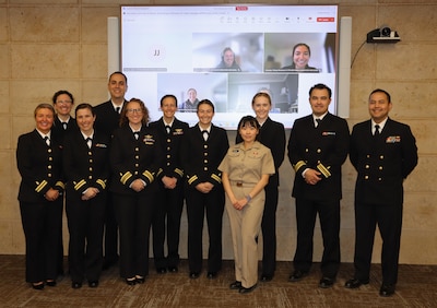 Presenters from both Navy Medicine Readiness and Training Command Camp Pendleton, Marine Corps Base Camp Pendleton, Calif., and Naval Health Research Center, Naval Base Point Loma, San Diego, Calif., pose for a group photograph at the completion of the inaugural NMRTC Camp Pendleton Academic Research Symposium held March 13, 2025, aboard Naval Hospital Camp Pendleton. For 250 years, Navy Medicine – represented by more than 44,000 highly-trained military and civilian healthcare professionals – has delivered quality healthcare and enduring expeditionary medical support to the warfighter on, below, and above the sea, and ashore.