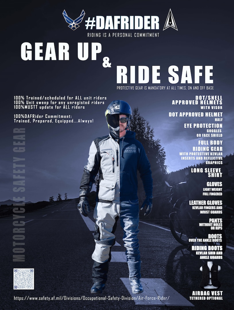 Gear up and ride safe graphic from Air Force Safety Center, Airman wearing motorcycle gear.