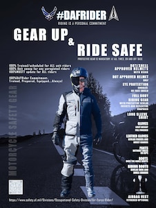 Gear up and ride safe graphic from Air Force Safety Center, Airman wearing motorcycle gear.