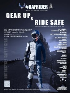 Gear up and ride safe graphic from Air Force Safety Center, Airman wearing motorcycle gear.