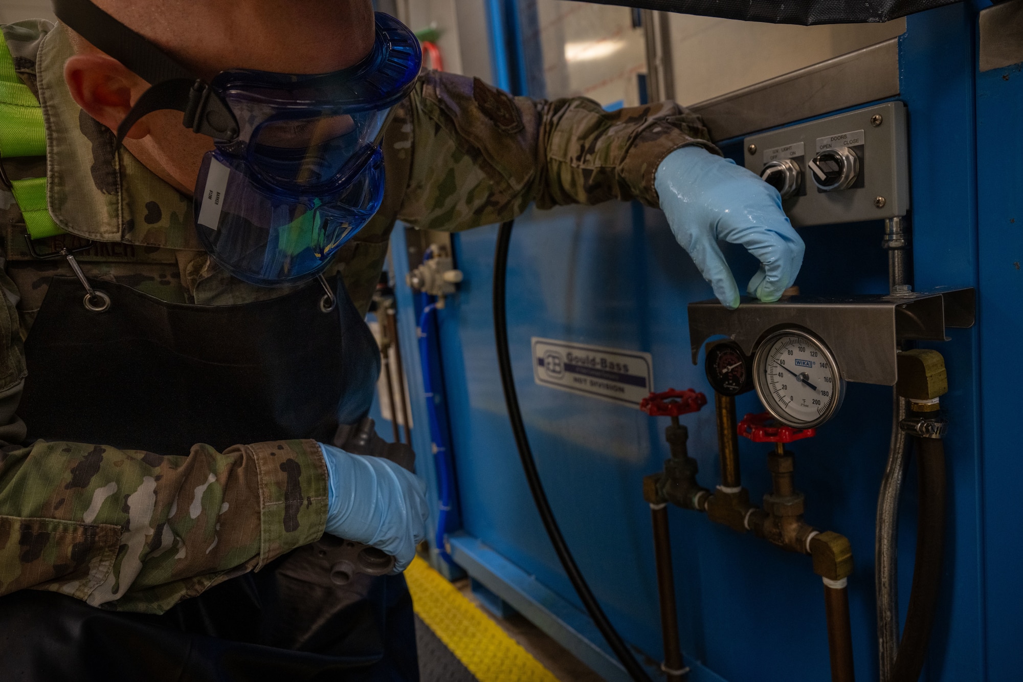 Master Sgt. Jason Barker, 931st Maintenance Squadron nondestructive inspection section chief, checks a water temperature gauge April 1, 2025, at McConnell Air Force Base, Kansas. NDI specialists play a role in ensuring the safety of equipment, ultimately protecting the lives of pilots and crew members. (U.S. Air Force photo by Airman 1st Class Paula Arce)