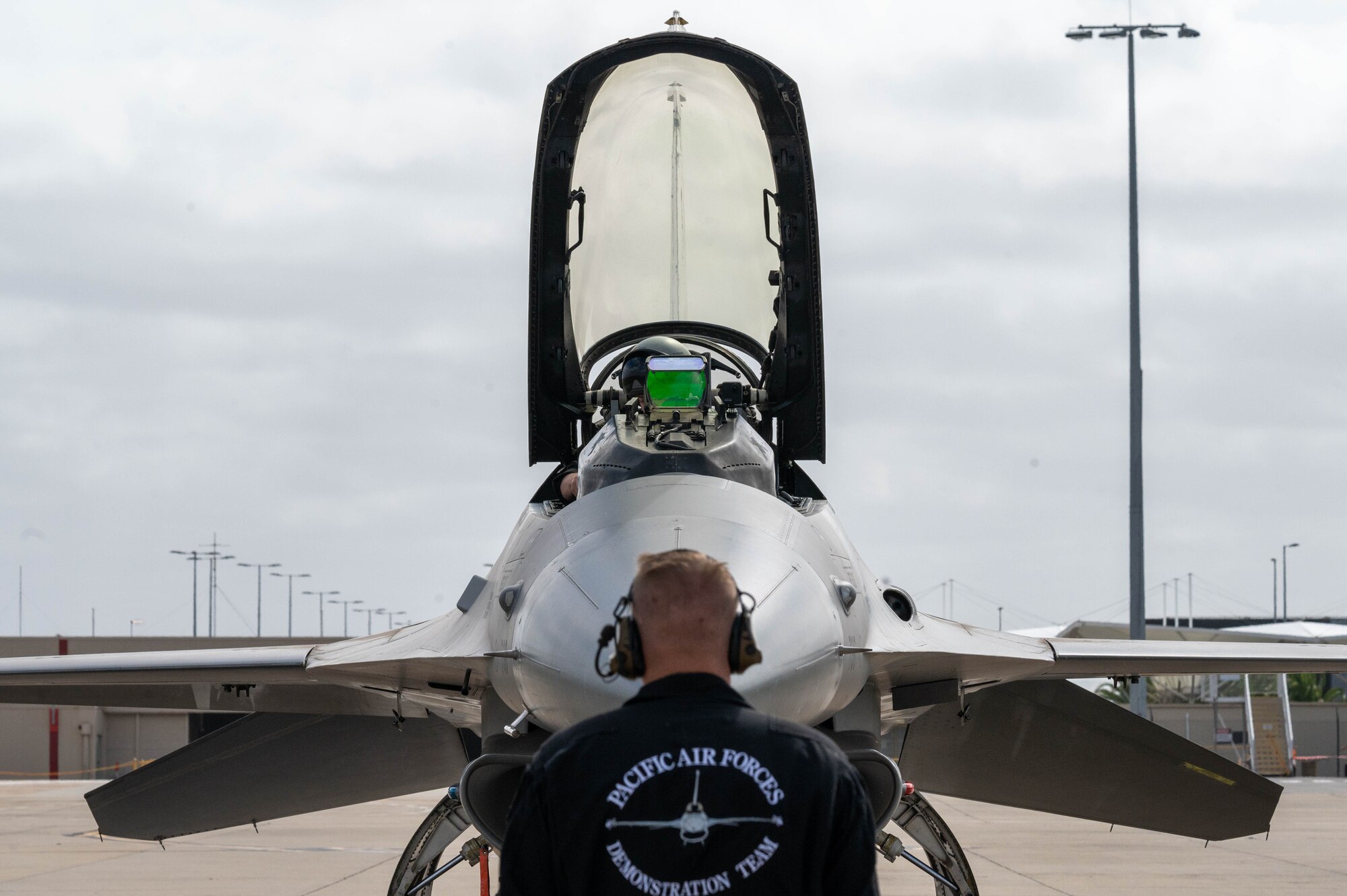 U.S. Air Force Staff Sgt. Colin “Spam” Neisius, Pacific Air Forces F-16 Demonstration Team lead crew chief, conducts a ground show performance during the Avalon Australian International Airshow at the Avalon Airport, Australia, March 30, 2025.