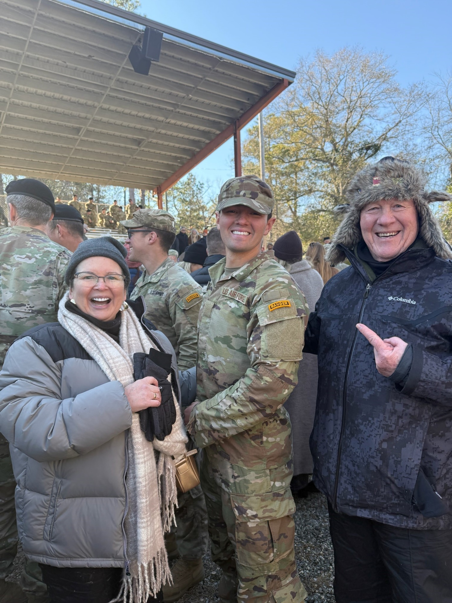 Capt. Daniel Webber, center, stands with his parents, Sylvia and James, following his graduation ceremony at the Army’s Ranger Course, Jan. 24, 2025. The Colleyville, Texas, native was presented with the coveted Ranger Tab after completing the grueling 62-day course. Webber is an acquisitions officer with Kessel Run, the largest software development and acquisitions unit within the Air Force. Both parents are Army veterans. (Courtesy Photo).