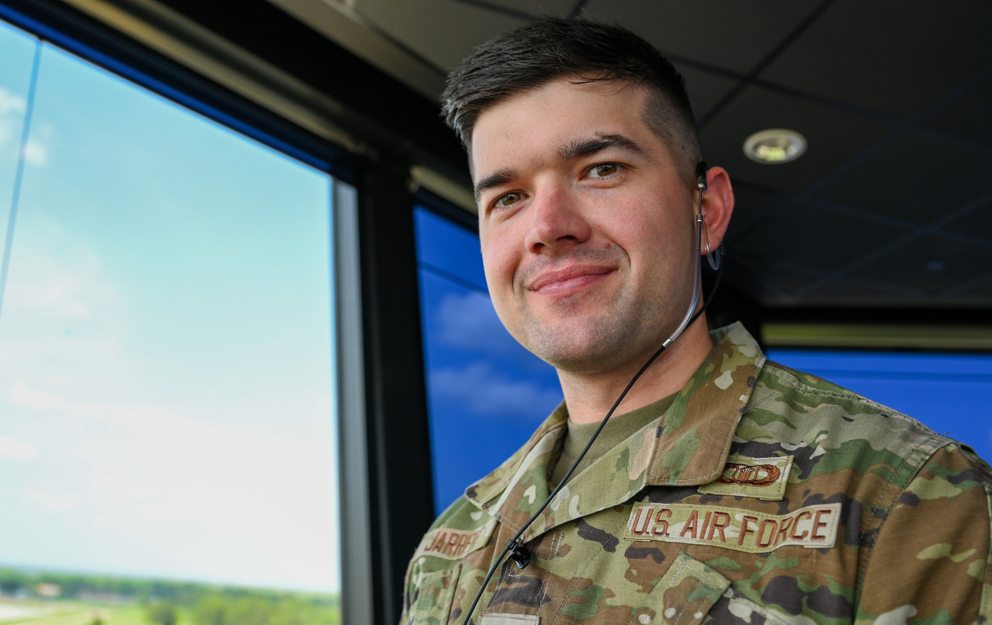 U.S. Air Force Senior Airman Logan Jarrett, 42nd Operations Support Squadron air traffic controller, poses for a photograph at Maxwell Air Force Base, Alabama, April 1, 2025.