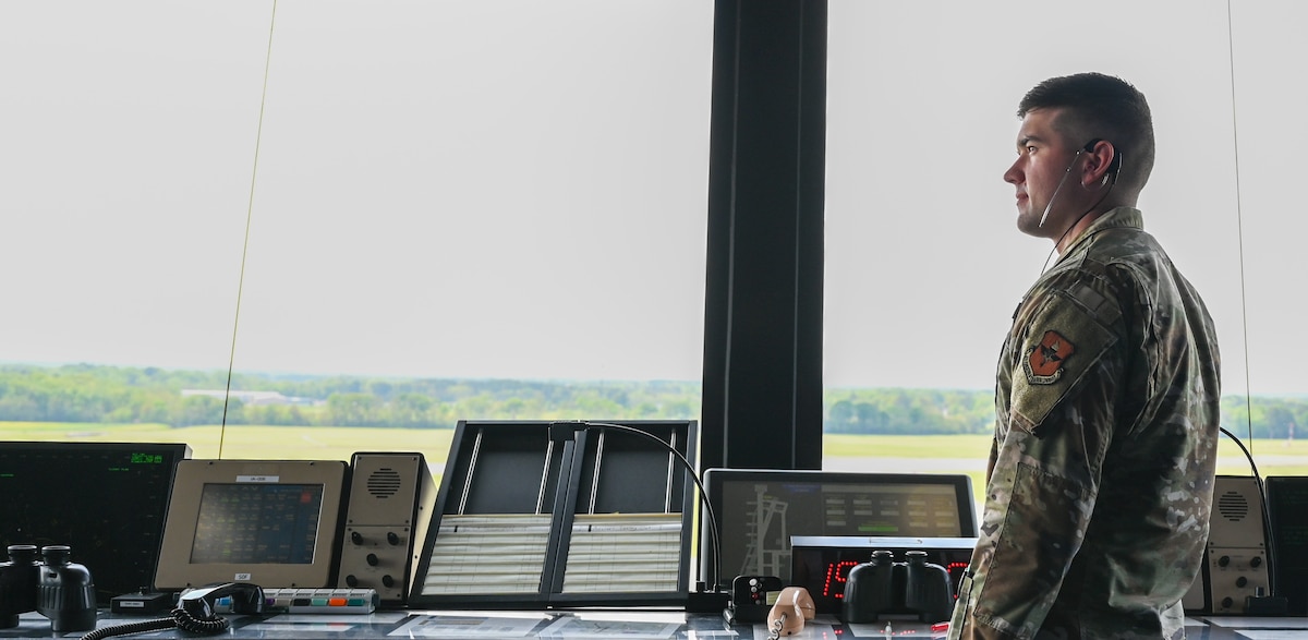 U.S. Air Force Senior Airman Logan Jarrett, 42nd Operations Support Squadron air traffic controller, looks toward the airfield at Maxwell Air Force Base, Alabama, April 1, 2025.