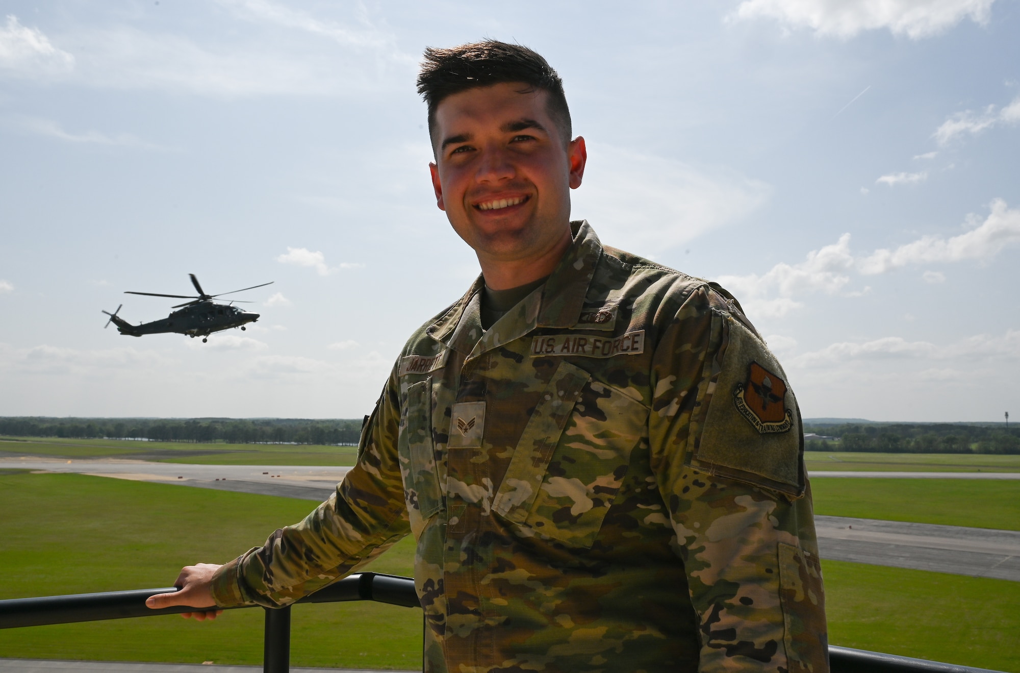 U.S. Air Force Senior Airman Logan Jarrett, 42nd Operations Support Squadron air traffic controller, poses for a photograph at Maxwell Air Force Base, Alabama, April 1, 2025.