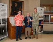 From left, Dr. David Drazen, Dana Wegner and Capt. Christopher Matassa following Wegner’s retirement ceremony at Naval Surface Warfare Center, Carderock Division, March 21, 2025. Wegner, curator of ship models, retired after 50 years of federal service and received the Department of the Navy Civilian Service Achievement Medal.