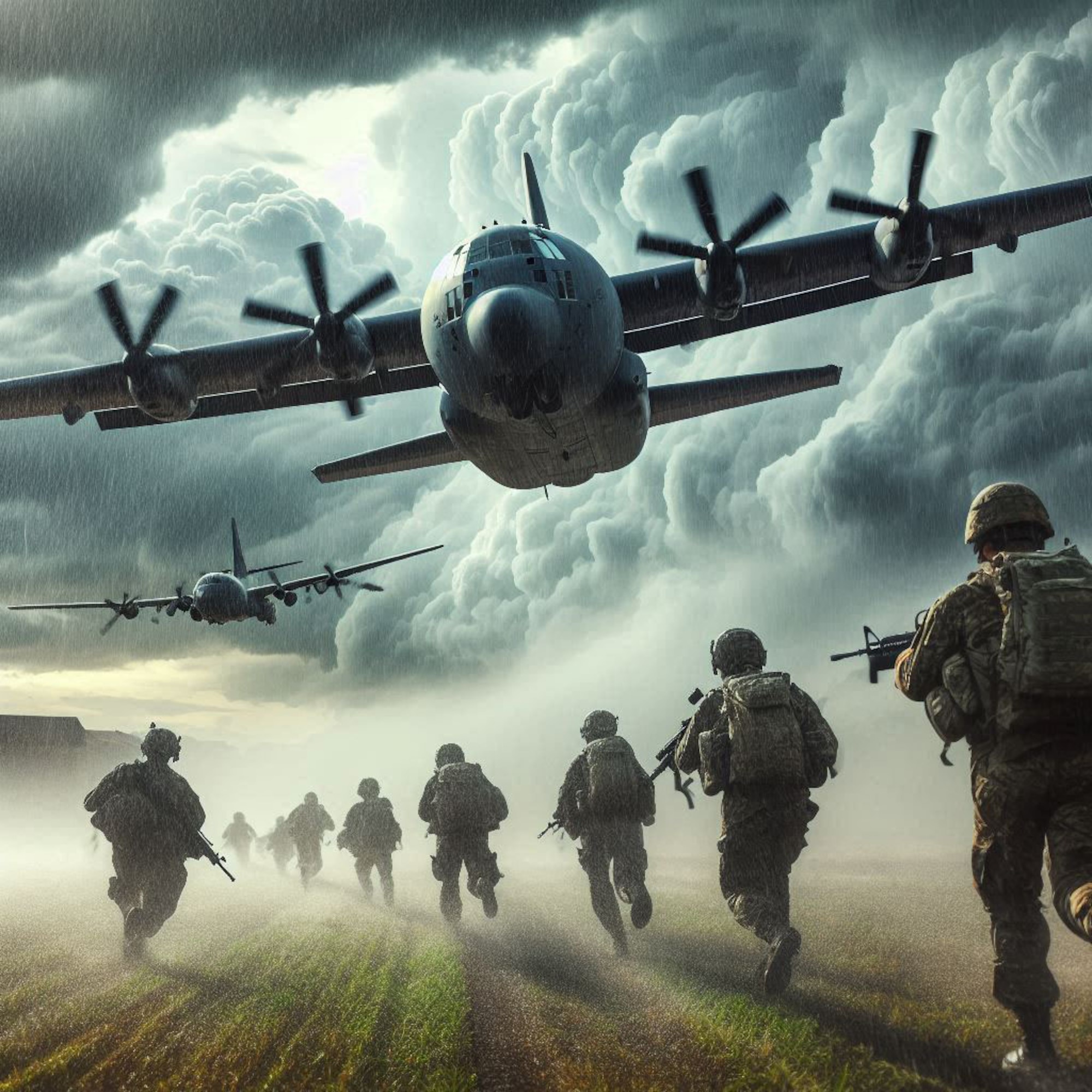 Service members running in field under a C-130J.