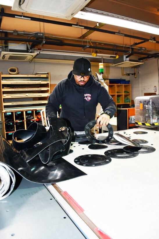 Norfolk Naval Shipyard’s Pipefitter Shop (Shop 56) Pipefitter Anthony Mimms runs the gasket shop in Shop 56. Until recently, Mimms was the only one who made gaskets for all of the other shops, projects and NNSY’s remote locations. “Recently the Machinist Shop (Shop 31) gained the capability to make their own gaskets, but before that, I was the only one who made gaskets around here,” said Mimms. “I would make thousands of gaskets each year. Making gaskets entails a lot of math, but I’m okay with that because I am someone who loves to work with math.”