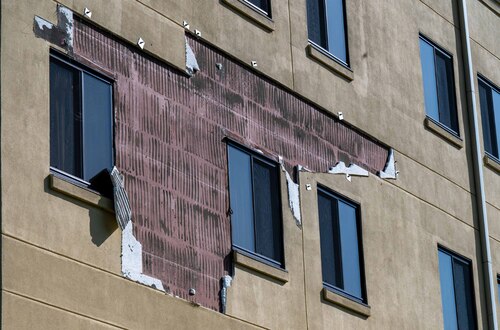 Building 1409, a lodging facility located behind the academic circle, sustained damaged due to high winds at Maxwell Air Force Base, Alabama, April 2, 2025