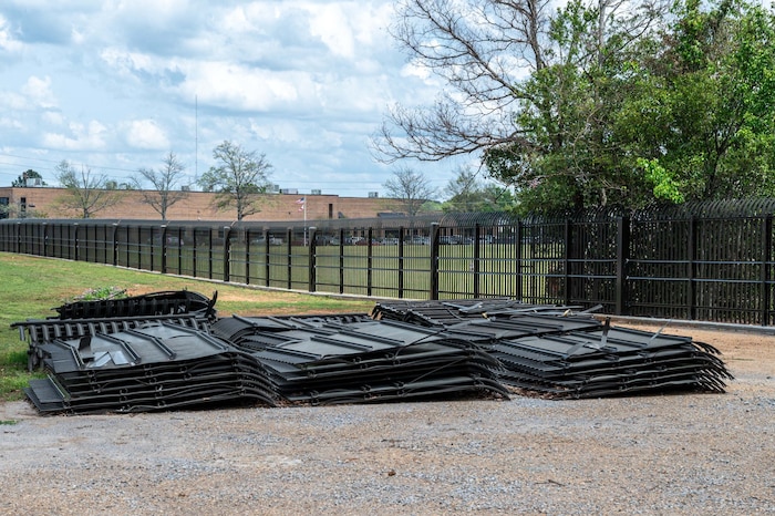 pile of old fence after fence replacement on the eastern perimeter on Maxwell-Gunter Annex Air Force Base, Alabama, April 2, 2025.