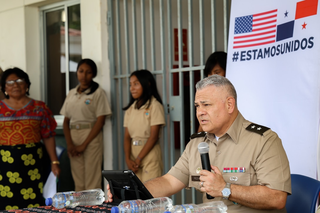 U.S. Army Maj. Gen. Javier Reina, U.S. Southern Command Deputy Commander for Mobilization & Reserve Affairs, speaks during a health clinic donation ceremony in Guna Yala, Panama, April 1, 2025.