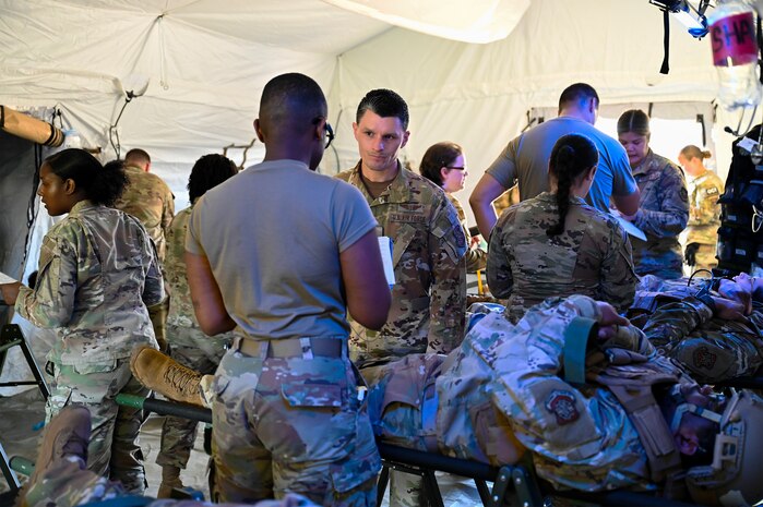 U.S. Air Force Airmen stage a medical scene.