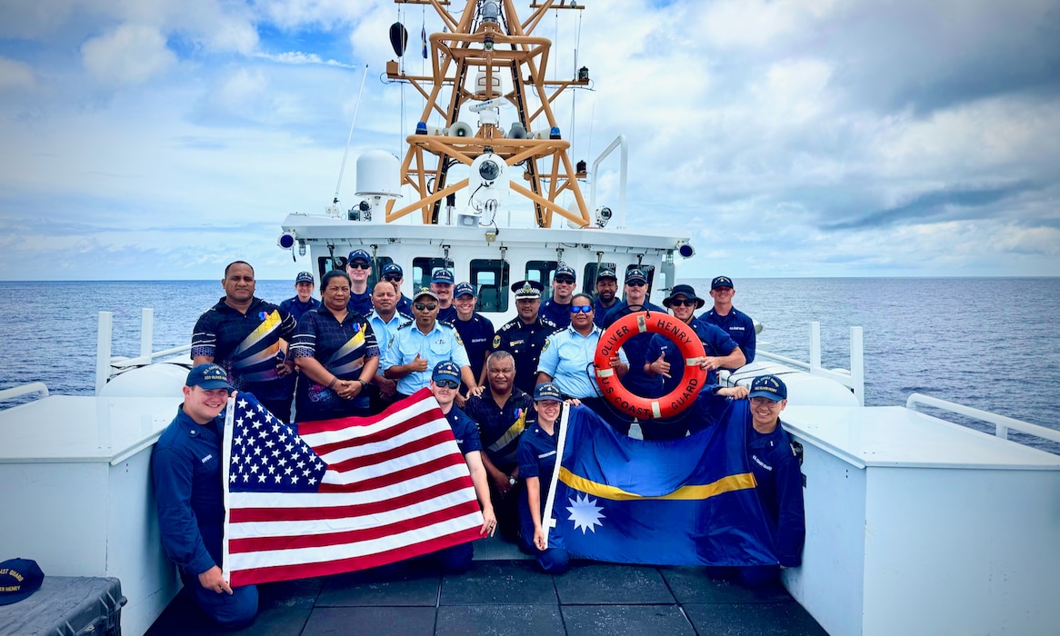The USCGC Oliver Henry (WPC 1140) crew host Australia’s high commissioner and the Nauru acting police commissioner along with members of the Nauru Police Force Maritime Unit on March 26, 2025, in Nauru.
