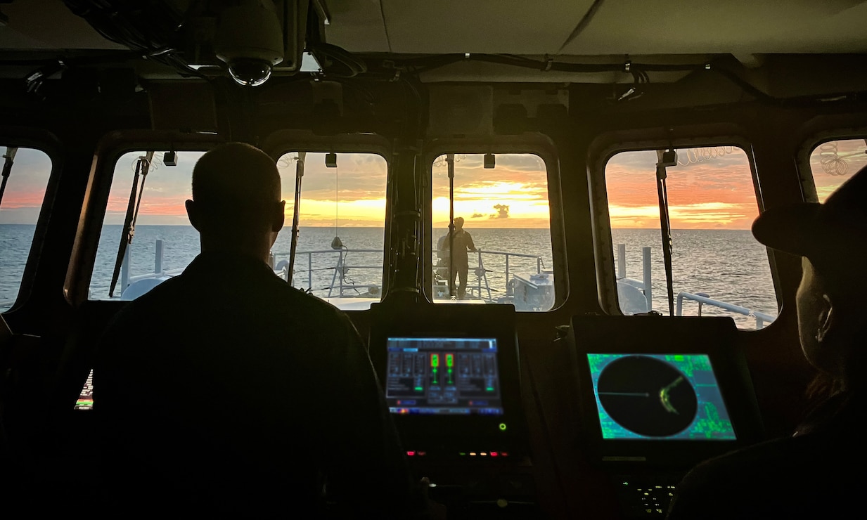 The USCGC Oliver Henry (WPC 1140) crew depart Namoluk Atoll, Federated States of Micronesia, on March 30, 2025, after responding to a SAR case, rescuing two distressed mariners from an 18-foot skiff adrift near Namoluk Atoll, Federated States of Micronesia (FSM).