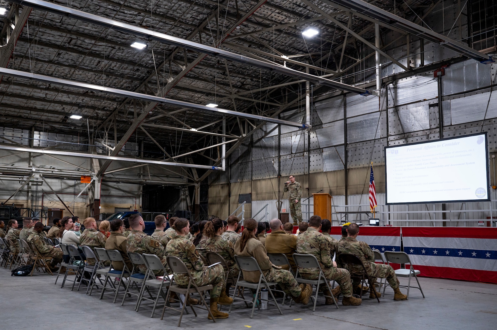 Airmen attend a Military and Family Readiness Center pre-deployment event at Grand Forks Air Force Base, N.D., Mar. 27, 2025.