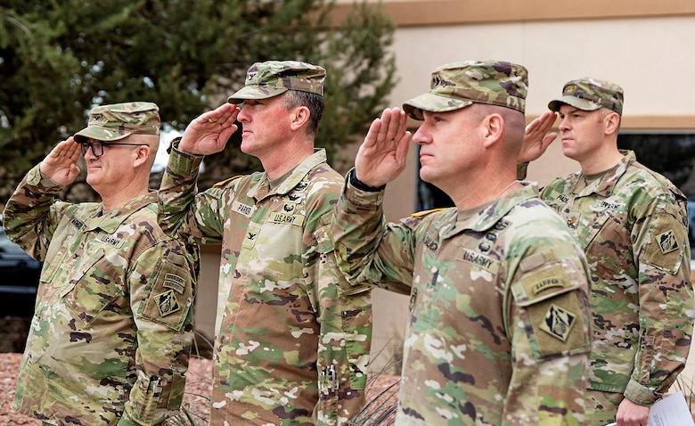 (l-r): Col. James Handura, commander, South Pacific Division; Col. Matthew Parker, deputy commander, Army Combat Readiness Center; USACE Command Sgt. Maj. Douglas Galick; and Maj. Jerard Paden, deputy commander, Albuquerque District, salute during the Army Safety and Occupational Health Star presentation ceremony at the Albuquerque District’s headquarters, April 1, 2025.