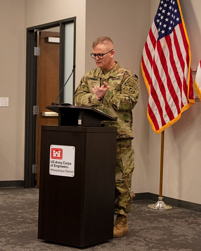 Col. James Handura, commander, USACE-South Pacific Division, speaks at the Army Safety and Occupational Health Star presentation ceremony at the USACE-Albuquerque District’s headquarters, April 1, 2025.