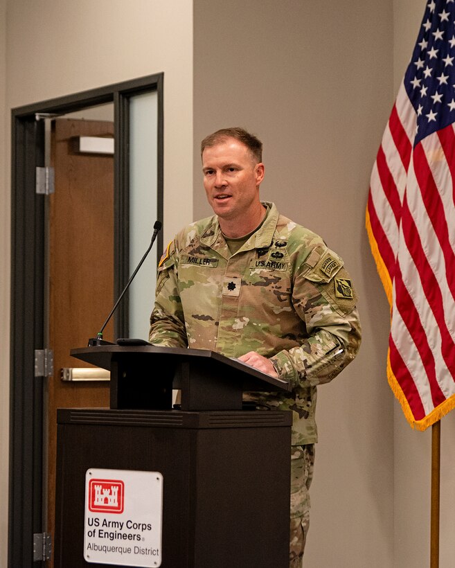 Lt. Col. Matthew Miller, commander, USACE-Albuquerque District, speaks at the Army Safety and Occupational Health Star presentation ceremony at the USACE-Albuquerque District’s headquarters, April 1, 2025.