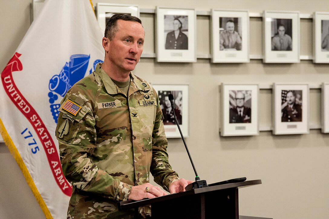 Col. Matthew Parker, deputy commander, Army Combat Readiness Center, speaks at the Army Safety and Occupational Health Star presentation ceremony at the USACE-Albuquerque District’s headquarters, April 1, 2025.