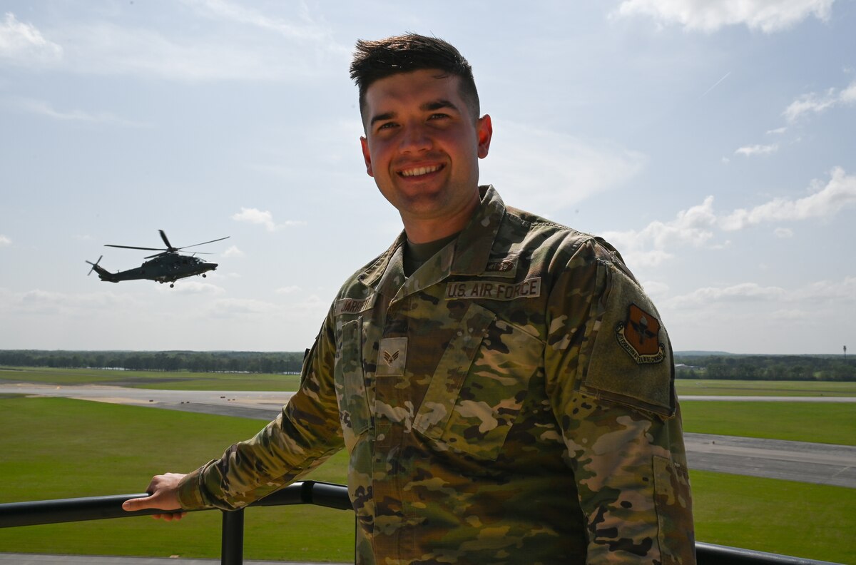 U.S. Air Force Senior Airman Logan Jarrett, 42nd Operations Support Squadron air traffic controller, poses for a photograph at Maxwell Air Force Base, Alabama, April 1, 2025.