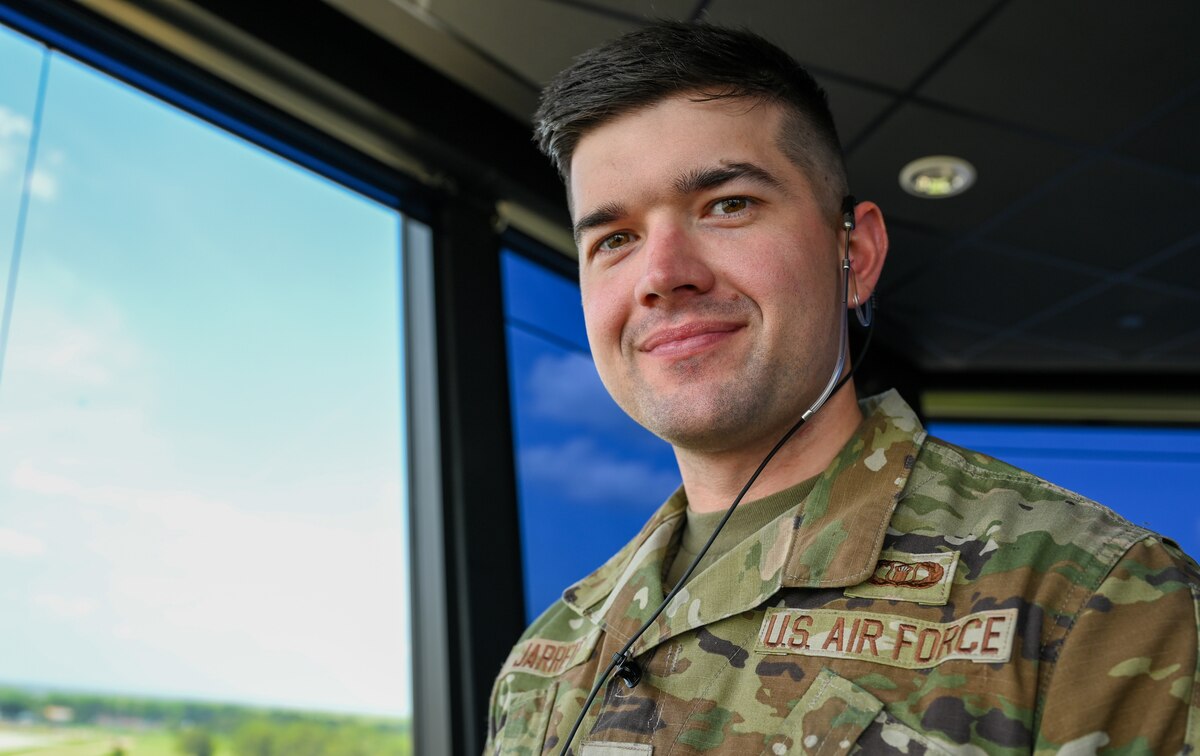 U.S. Air Force Senior Airman Logan Jarrett, 42nd Operations Support Squadron air traffic controller, poses for a photograph at Maxwell Air Force Base, Alabama, April 1, 2025.