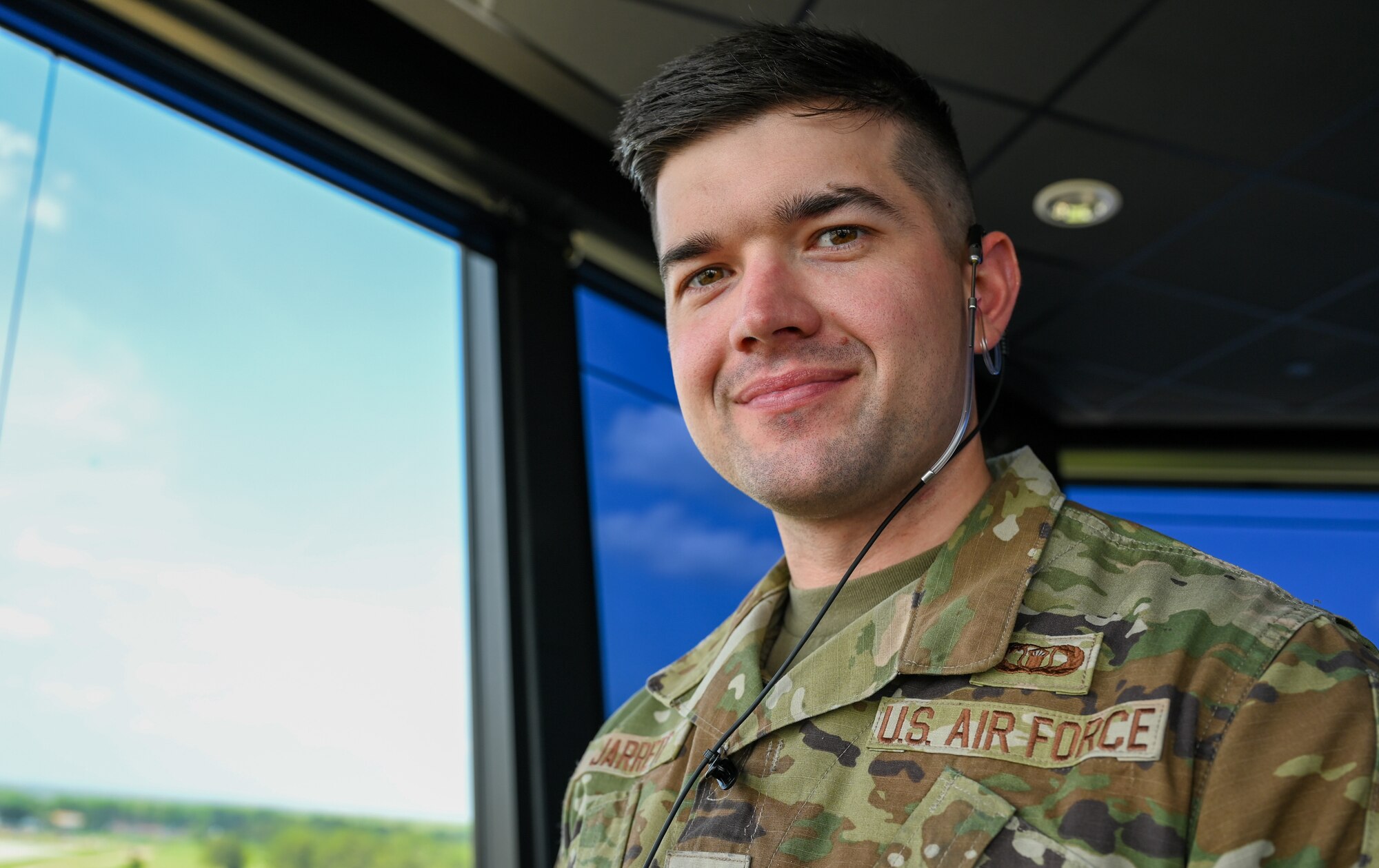 U.S. Air Force Senior Airman Logan Jarrett, 42nd Operations Support Squadron air traffic controller, poses for a photograph at Maxwell Air Force Base, Alabama, April 1, 2025.