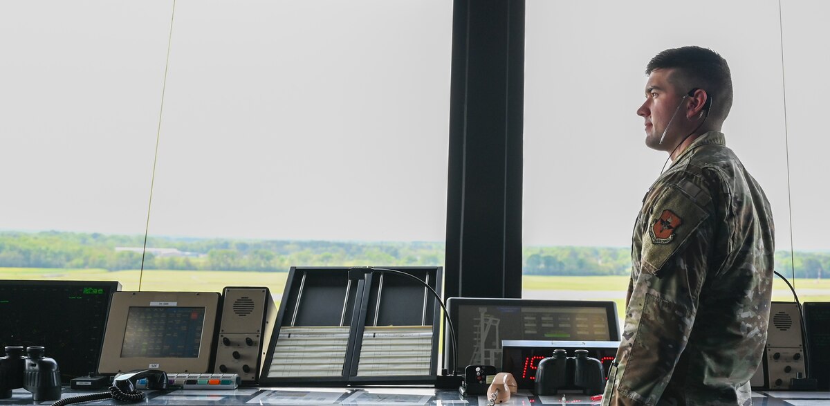 U.S. Air Force Senior Airman Logan Jarrett, 42nd Operations Support Squadron air traffic controller, looks toward the airfield at Maxwell Air Force Base, Alabama, April 1, 2025.