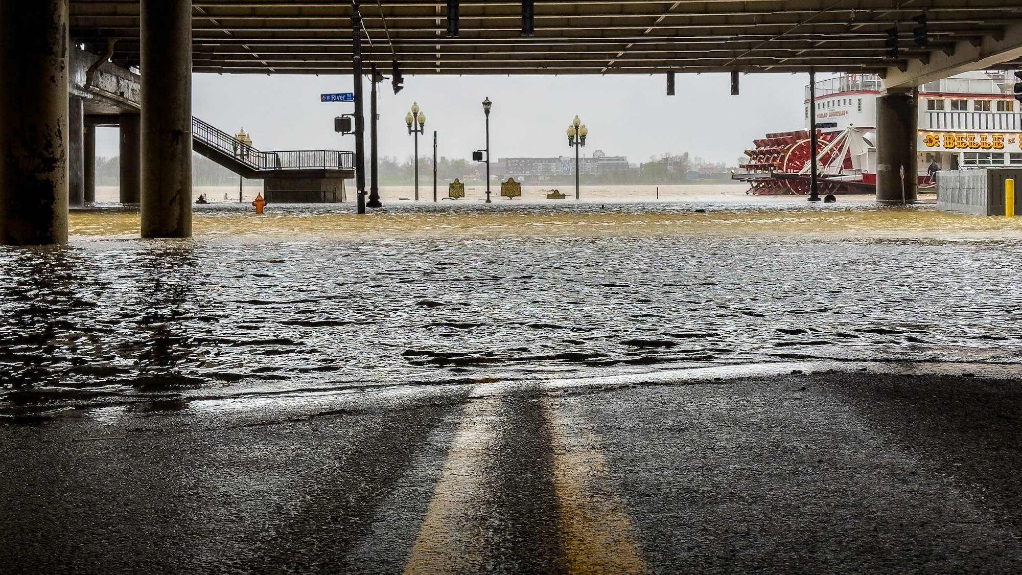 River Road and the boat dock at 4th Street in Louisville, Ky., are under about four feet of water April 5, 2025. This year’s Thunder Over Louisville air show, scheduled for April 12, has been cancelled due to flooding on the banks of the Ohio River. (U.S. Air National Guard photo by Dale Greer)