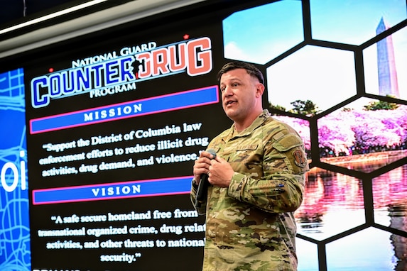 Members of the DC National Guard Counterdrug Program, D.C. Army National Guard Aviation Command, and other sections participate in a strategic briefing at Metropolitan Police Department Headquarters, in Washington, DC, on March 25, 2025. They discussed the impacts and evolution of the Counterdrug Program, focusing on strengthening partnerships and enhancing community-based drug prevention initiatives.