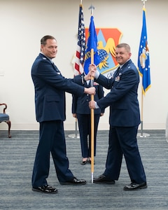Lt. Col. Chad Carter, assumed command of the 932nd Aerospace Medicine Squadron during an assumption of command ceremony at Scott Air Force Base, Illinois, April 5, 2025.  Carter previously served in the 932nd AMDS as the chief of flight medicine. (U.S. Air Force photo by Staff Sgt. Brooke Spenner)