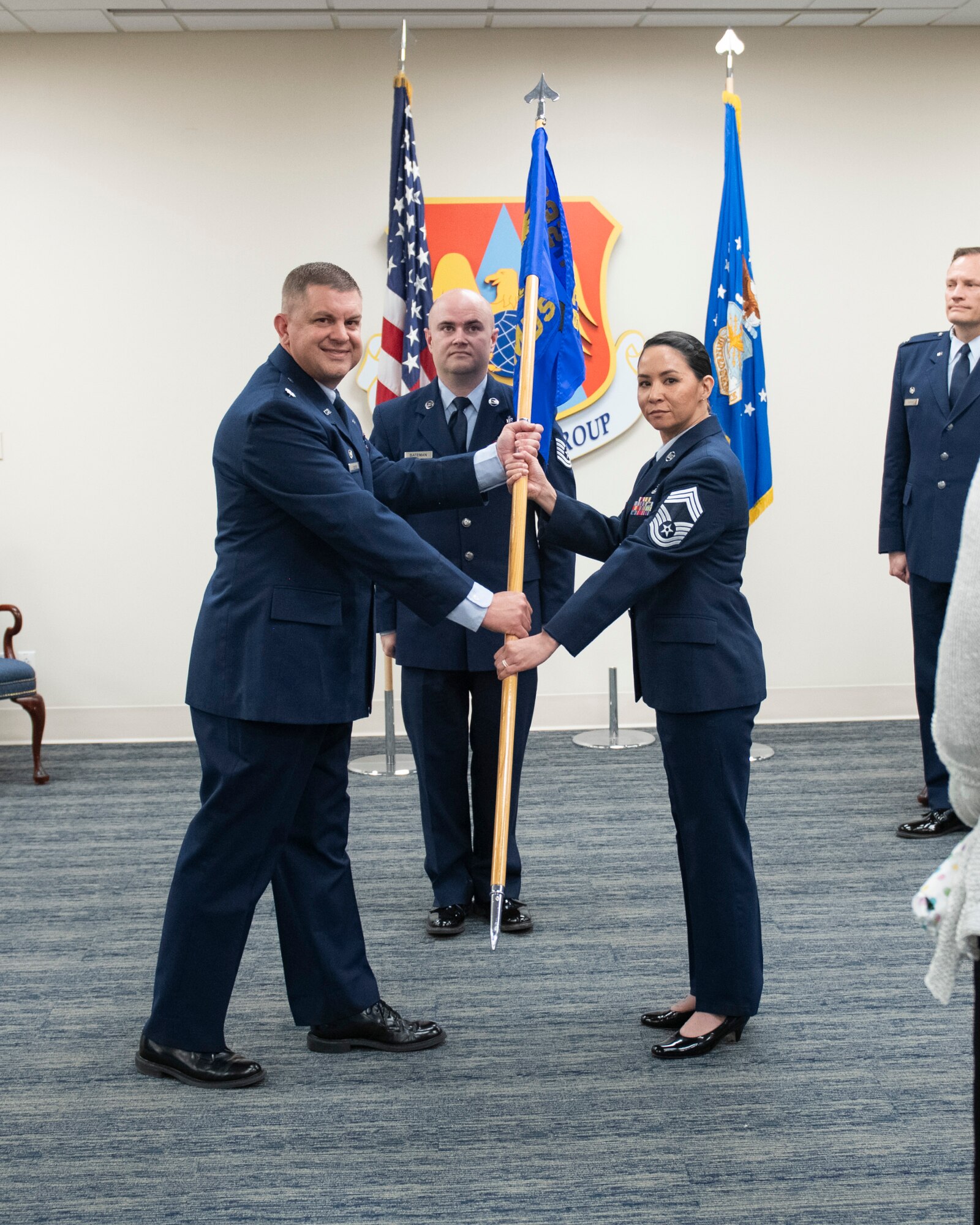 Chief Master Sgt. Gabrielle Clark assumed responsibility as the senior enlisted advisor for 932nd Aerospace Medicine Squadron during an assumption of responsibility ceremony at Scott Air Force Base, Illinois, April 5, 2025. The assumption of command ceremony is a traditional event rich in symbolism and heritage within the military.(U.S. Air Force photo by Staff Sgt. Brooke Spenner)
