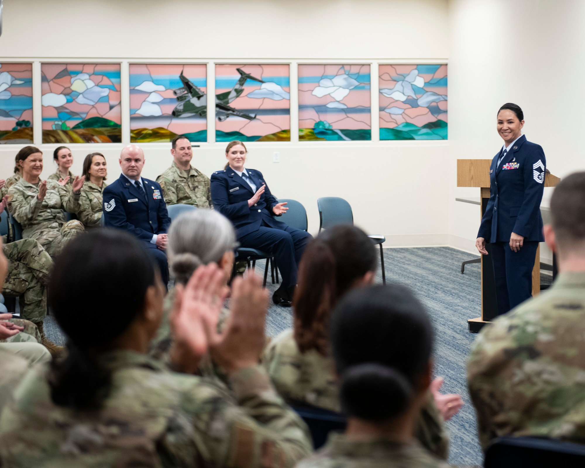 Chief Master Sgt. Gabrielle Clark, 932nd Aerospace Medicine Squadron, incoming senior enlisted advisor, spoke during an assumption of responsibility ceremony at Scott Air Force Base, Illinois, April 5, 2025. The assumption of command ceremony is a traditional event rich in symbolism and heritage within the military.(U.S. Air Force photo by Staff Sgt. Brooke Spenner)