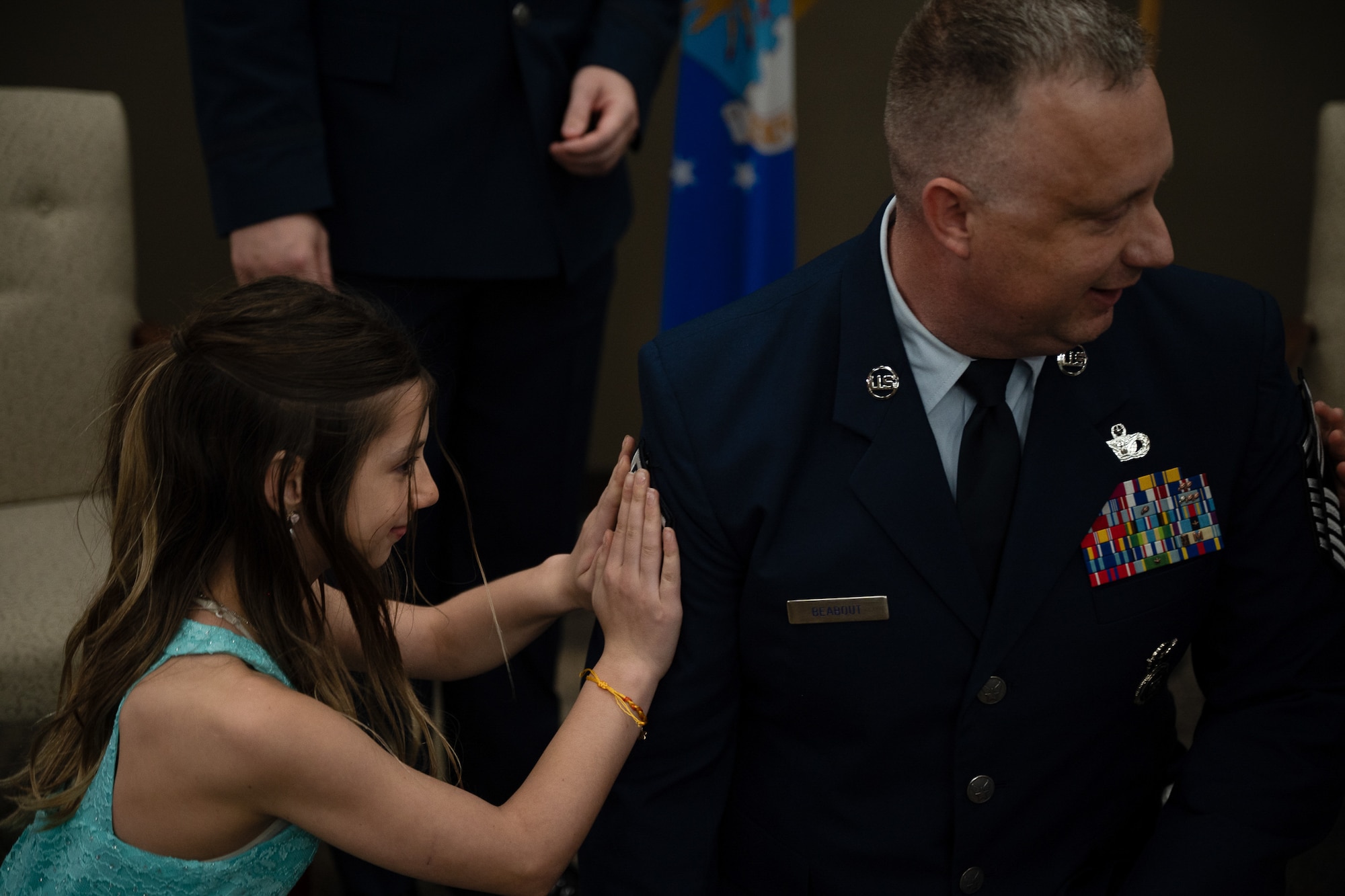 Chief Master Sgt. Robert Beabout, 932nd Security Forces Squadron, was promoted during a ceremony April 5, 2025, Scott Air Force Base, Illinois. Obtaining the distinguished rank of chief master sergeant is a momentous occasion, as only one percent of the United States Air Force enlisted personnel can hold that rank. (U.S. Air Force photo by Senior Airman Benjamin Cowles)