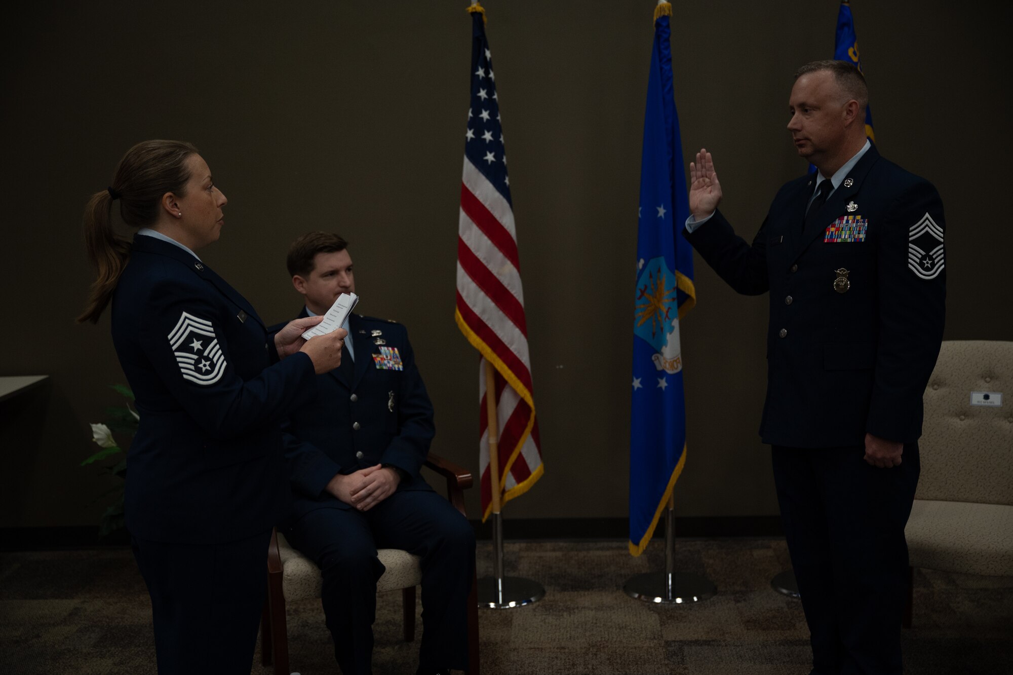 Chief Master Sgt. Robert Beabout, 932nd Security Forces Squadron, was promoted during a ceremony April 5, 2025, Scott Air Force Base, Illinois. Obtaining the distinguished rank of chief master sergeant is a momentous occasion, as only one percent of the United States Air Force enlisted personnel can hold that rank. (U.S. Air Force photo by Senior Airman Benjamin Cowles)